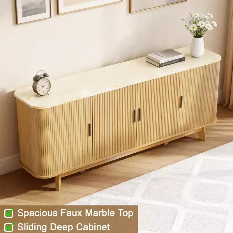 Dyonery 69 Buffet bahut cannelé moderne - Rangement à 4 portes avec étagères réglables, crédence élégante pour salle à manger
