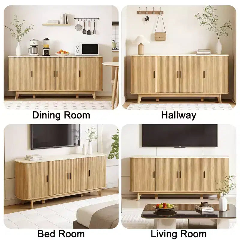 Dyonery 69 Buffet bahut cannelé moderne - Rangement à 4 portes avec étagères réglables, crédence élégante pour salle à manger