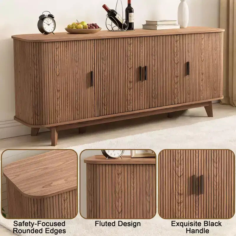 Dyonery 69 Buffet bahut cannelé moderne - Rangement à 4 portes avec étagères réglables, crédence élégante pour salle à manger