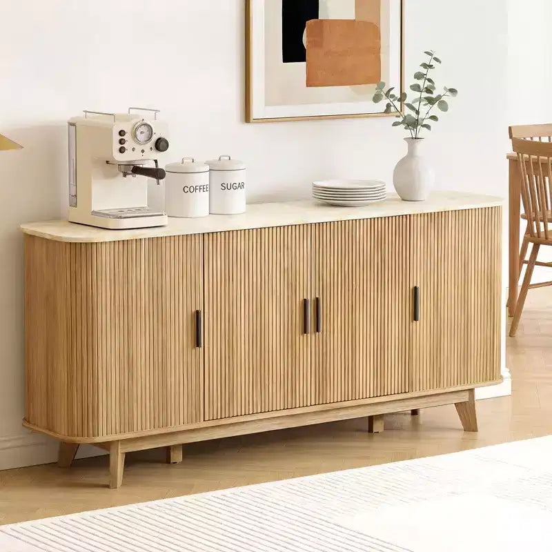 Dyonery 69 Buffet bahut cannelé moderne - Rangement à 4 portes avec étagères réglables, crédence élégante pour salle à manger