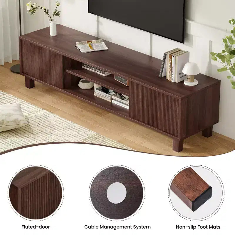 Meuble TV moderne JVNOXK63 de 63 pouces, pouvant accueillir des téléviseurs jusqu'à 70 pouces, doté d'étagères ouvertes avec espace de rangement, idéal pour les salons