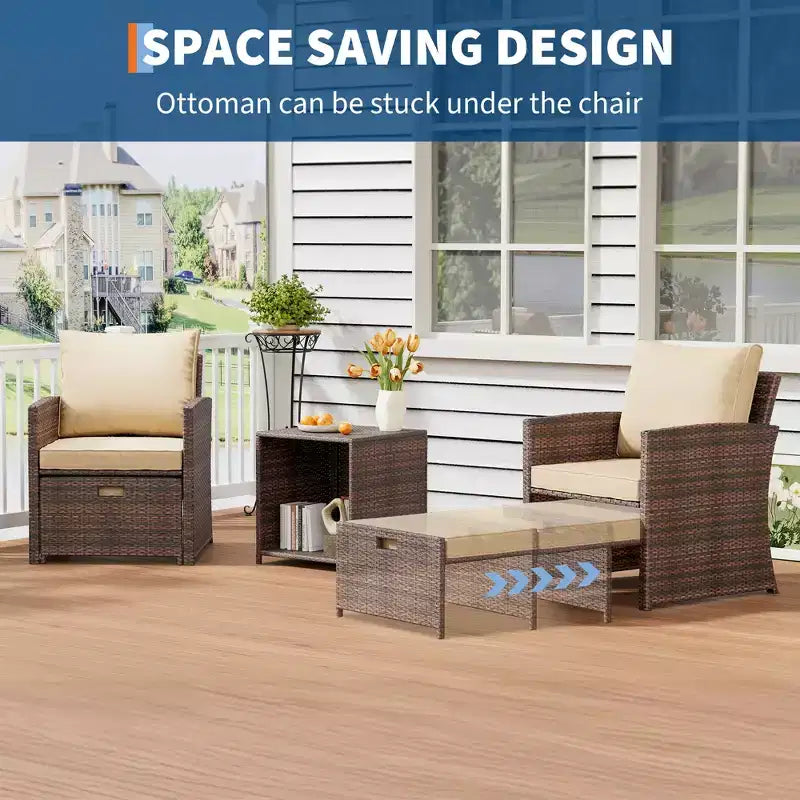 Salon de jardin 5 pièces en résine tressée – 2 fauteuils de salon avec poufs, table basse et coussins pour véranda, balcon ou terrasse