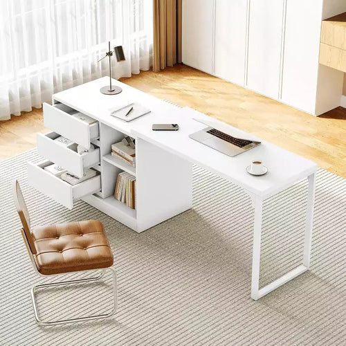 Bureau informatique de 178 cm avec tiroirs, bureau mobile en L avec rangements, pour bureau à domicile, jeux vidéo, interchangeable à gauche et à droite (blanc)