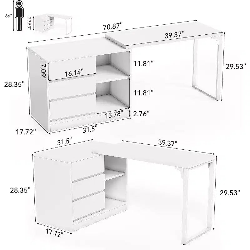Bureau informatique Lantine de 70 pouces avec tiroirs, bureau mobile en L avec rangement, pour bureau à domicile, jeux, interchangeable gauche et droite (blanc)