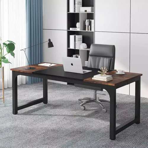 Lantine 70.8-Inch Executive Desk, Large Office Computer Desk with Thick Frame, Modern Workstation for Home Office, Rustic Brown/Black