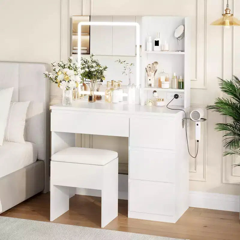 Coiffeuse avec miroir et lumières - Table de maquillage moderne avec prises, tabouret de rangement, miroir de courtoisie LED, vanités pour chambre à coucher