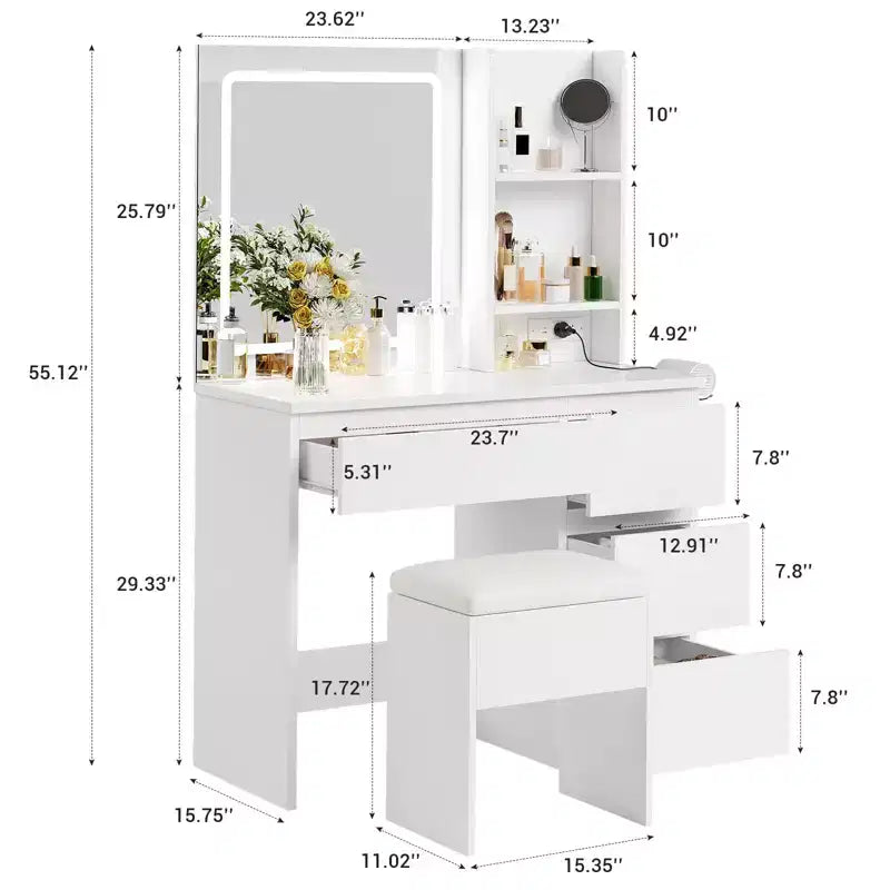 Coiffeuse avec miroir et lumières - Table de maquillage moderne avec prises, tabouret de rangement, miroir de courtoisie LED, vanités pour chambre à coucher