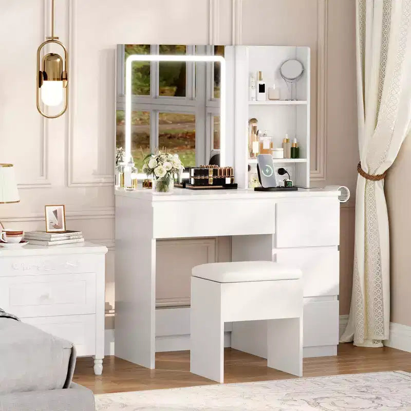 Coiffeuse avec miroir et lumières - Table de maquillage moderne avec prises, tabouret de rangement, miroir de courtoisie LED, vanités pour chambre à coucher