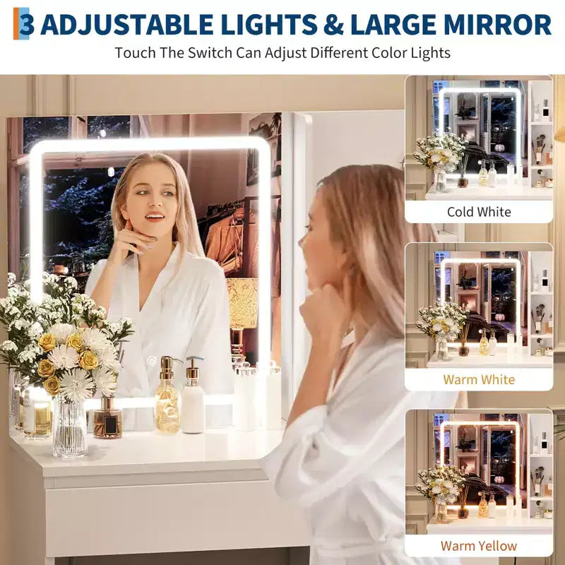 Coiffeuse avec miroir et lumières - Table de maquillage moderne avec prises, tabouret de rangement, miroir de courtoisie LED, vanités pour chambre à coucher