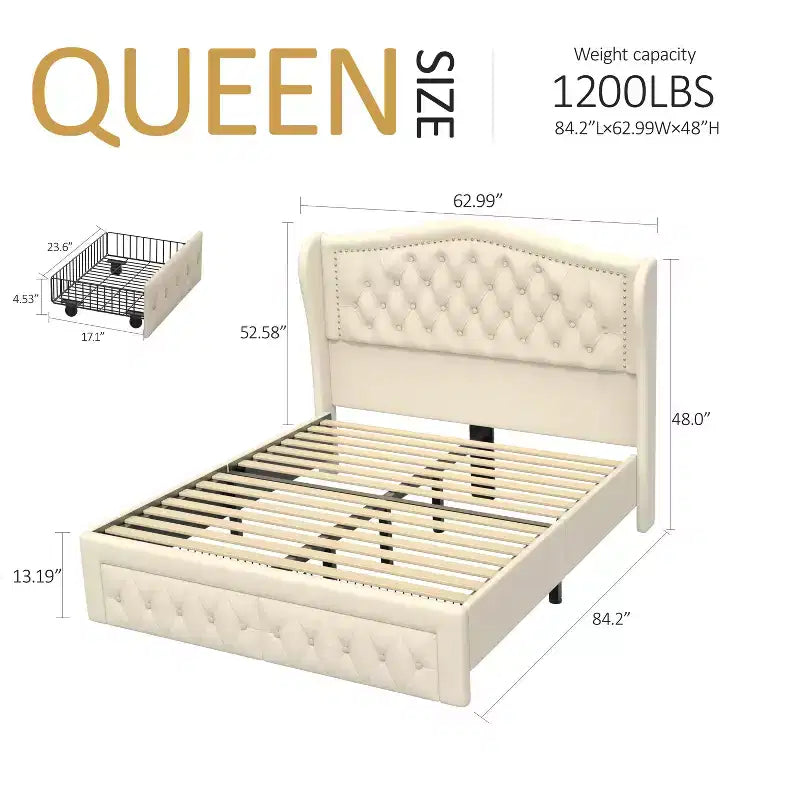 Cadre de lit Dyonery Queen Size avec 2 tiroirs de rangement et tête de lit capitonnée, sommier tapissier avec support à lattes en bois, montage facile