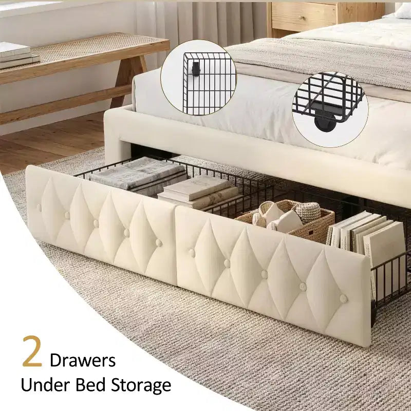 Cadre de lit Dyonery Queen Size avec 2 tiroirs de rangement et tête de lit capitonnée, sommier tapissier avec support à lattes en bois, montage facile