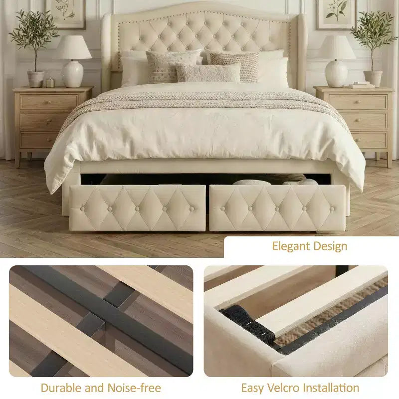 Cadre de lit Dyonery Queen Size avec 2 tiroirs de rangement et tête de lit capitonnée, sommier tapissier avec support à lattes en bois, montage facile