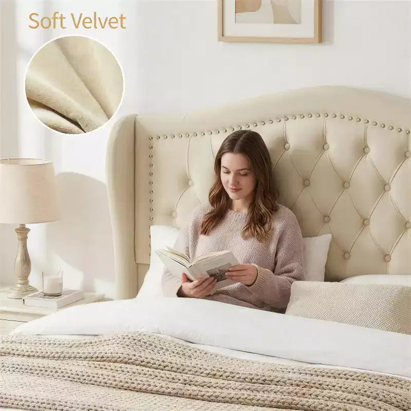 Cadre de lit Dyonery Queen Size avec 2 tiroirs de rangement et tête de lit capitonnée, sommier tapissier avec support à lattes en bois, montage facile