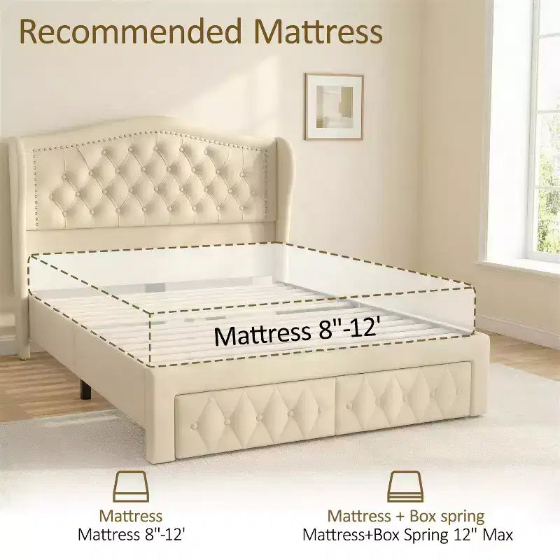Cadre de lit Dyonery Queen Size avec 2 tiroirs de rangement et tête de lit capitonnée, sommier tapissier avec support à lattes en bois, montage facile