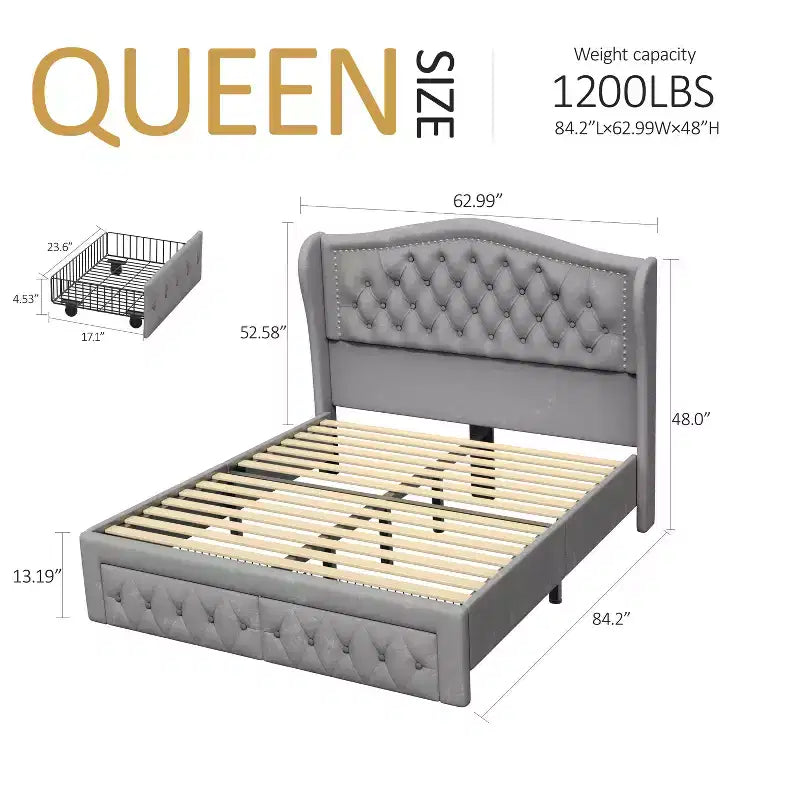 Cadre de lit Dyonery Queen Size avec 2 tiroirs de rangement et tête de lit capitonnée, sommier tapissier avec support à lattes en bois, montage facile