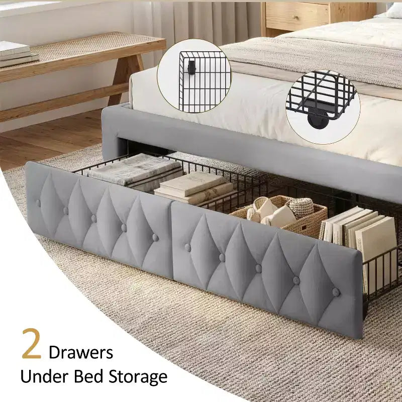 Cadre de lit Dyonery Queen Size avec 2 tiroirs de rangement et tête de lit capitonnée, sommier tapissier avec support à lattes en bois, montage facile