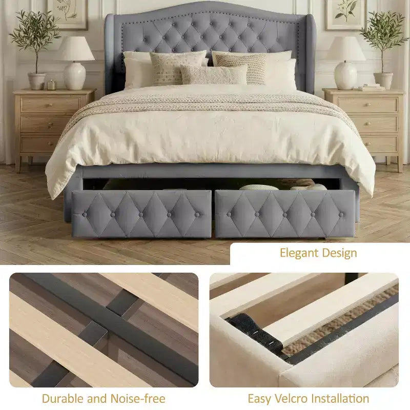 Cadre de lit Dyonery Queen Size avec 2 tiroirs de rangement et tête de lit capitonnée, sommier tapissier avec support à lattes en bois, montage facile