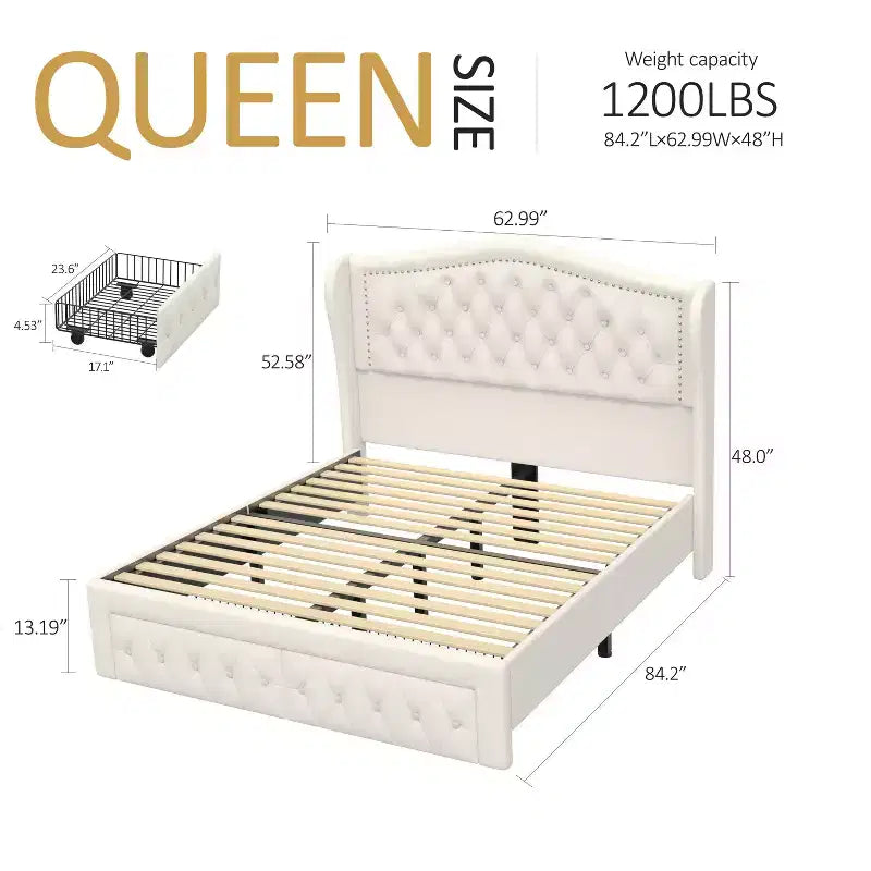 Cadre de lit Dyonery Queen Size avec 2 tiroirs de rangement et tête de lit capitonnée, sommier tapissier avec support à lattes en bois, montage facile