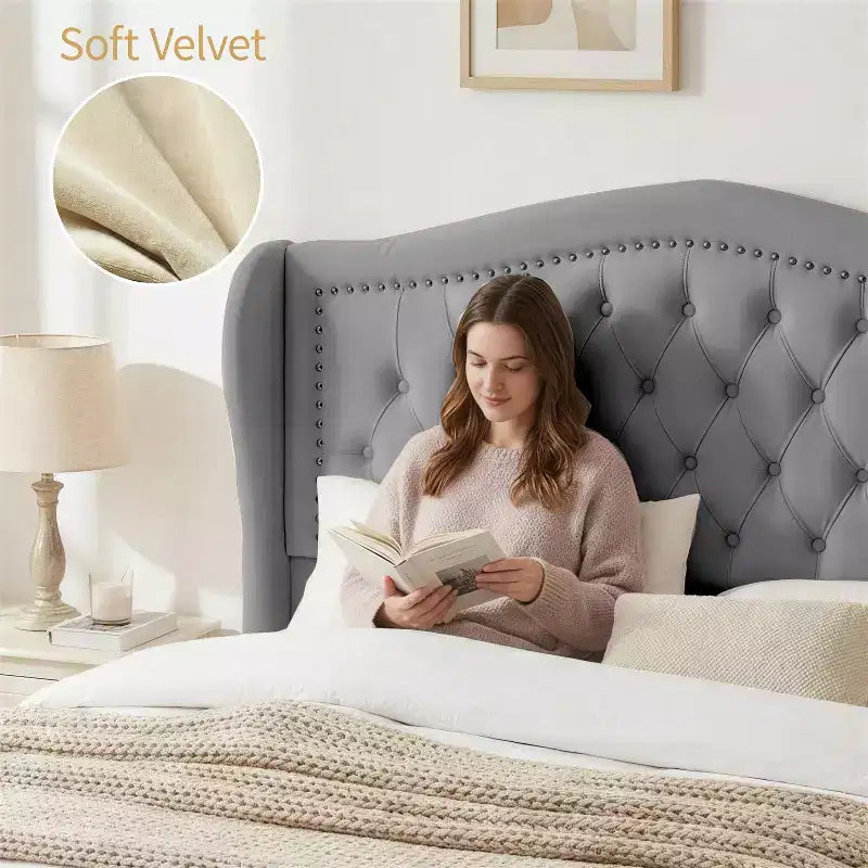 Cadre de lit Dyonery Queen Size avec 2 tiroirs de rangement et tête de lit capitonnée, sommier tapissier avec support à lattes en bois, montage facile