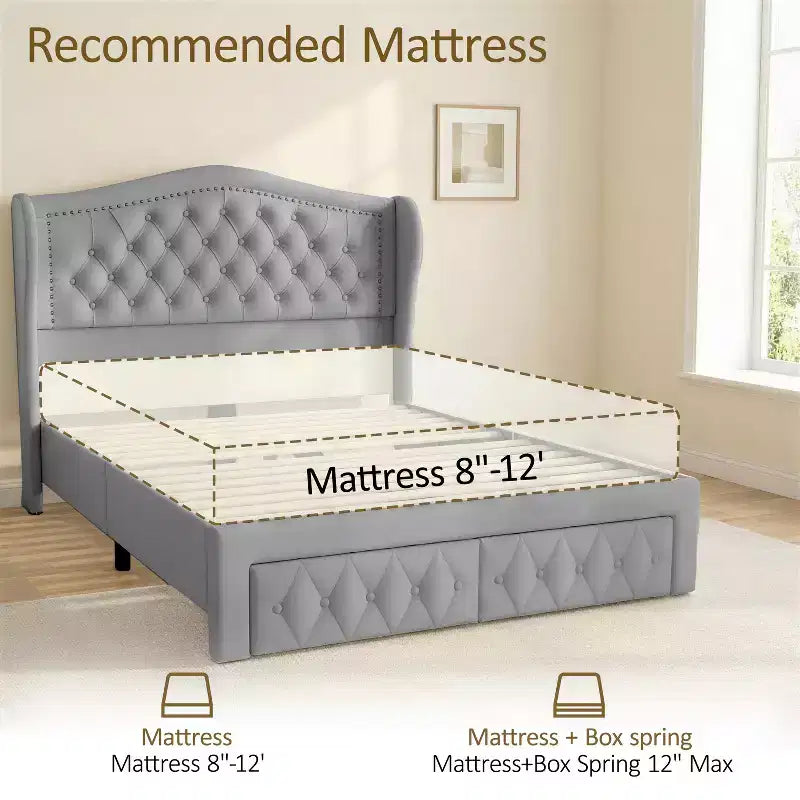 Cadre de lit Dyonery Queen Size avec 2 tiroirs de rangement et tête de lit capitonnée, sommier tapissier avec support à lattes en bois, montage facile