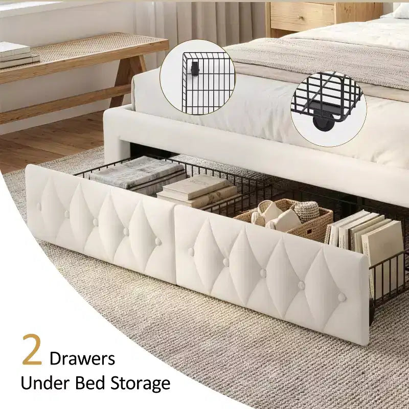Cadre de lit Dyonery Queen Size avec 2 tiroirs de rangement et tête de lit capitonnée, sommier tapissier avec support à lattes en bois, montage facile