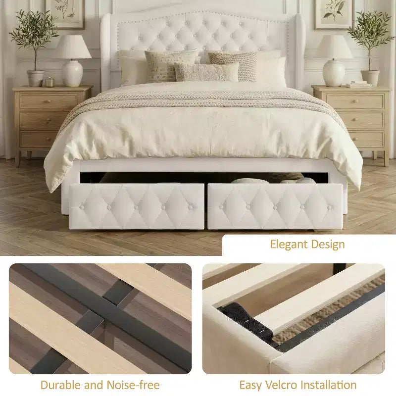 Cadre de lit Dyonery Queen Size avec 2 tiroirs de rangement et tête de lit capitonnée, sommier tapissier avec support à lattes en bois, montage facile