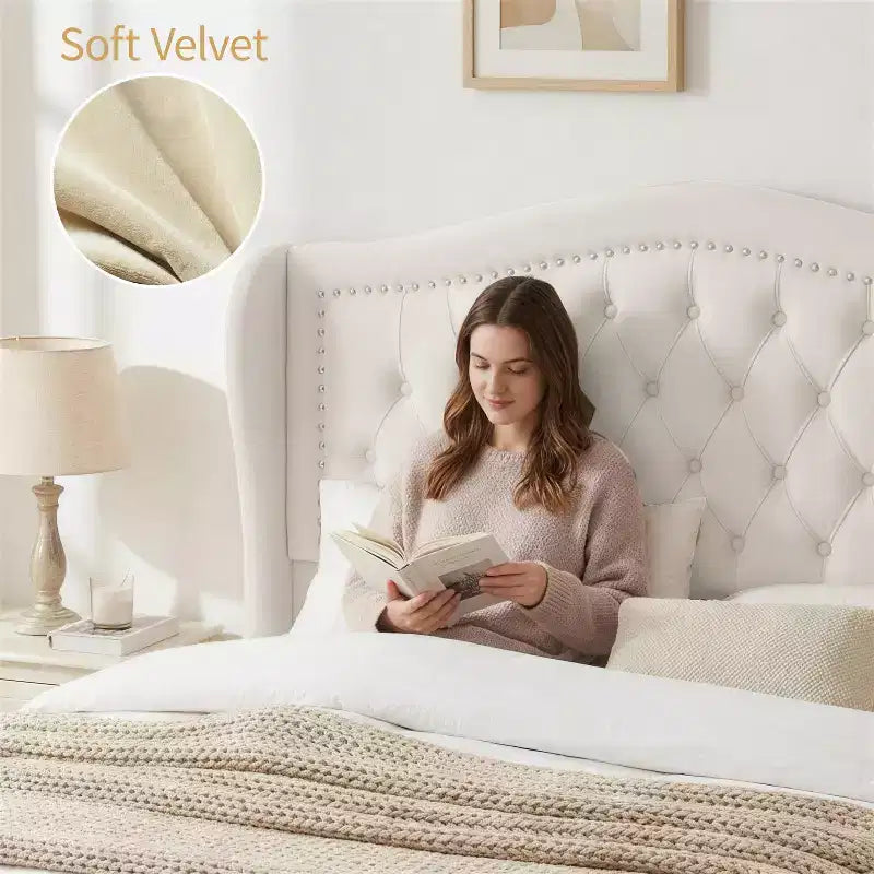Cadre de lit Dyonery Queen Size avec 2 tiroirs de rangement et tête de lit capitonnée, sommier tapissier avec support à lattes en bois, montage facile