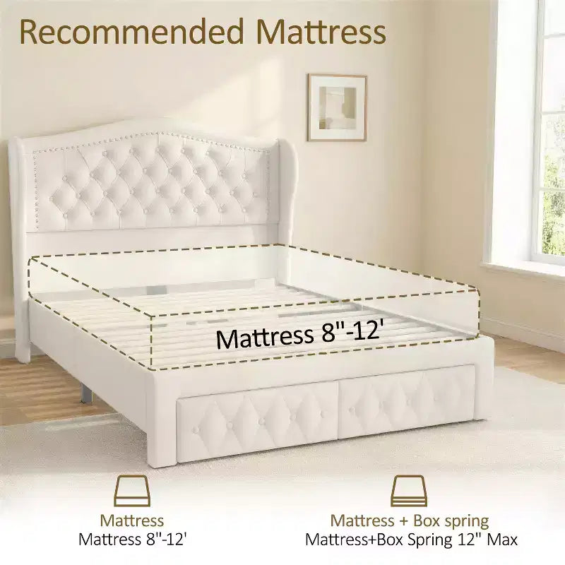 Cadre de lit Dyonery Queen Size avec 2 tiroirs de rangement et tête de lit capitonnée, sommier tapissier avec support à lattes en bois, montage facile