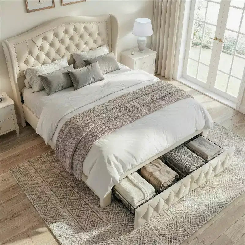 Cadre de lit Dyonery Queen Size avec 2 tiroirs de rangement et tête de lit capitonnée, sommier tapissier avec support à lattes en bois, montage facile
