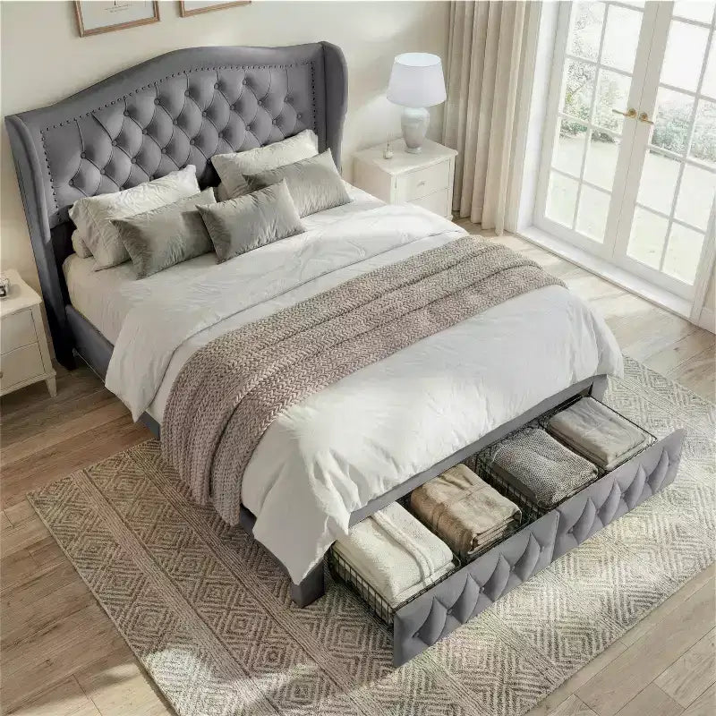 Cadre de lit Dyonery Queen Size avec 2 tiroirs de rangement et tête de lit capitonnée, sommier tapissier avec support à lattes en bois, montage facile