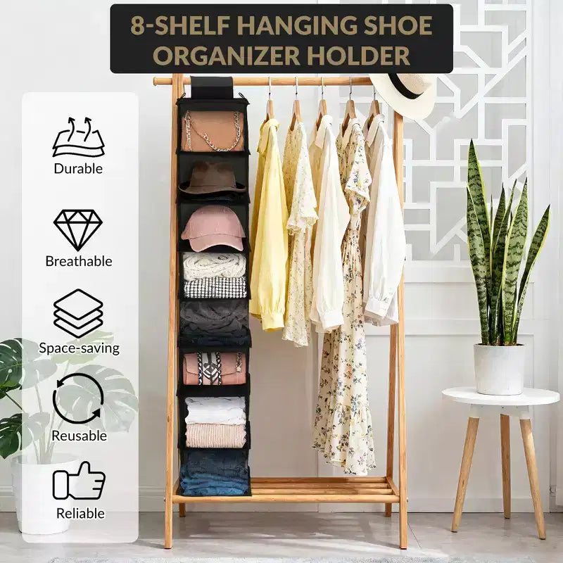 Organisateur de chaussures suspendu à 3 niveaux pour placard, support de rangement à 8 étagères avec 2 crochets, installation sans outils, étagère peu encombrante pour chaussures et sacs à main