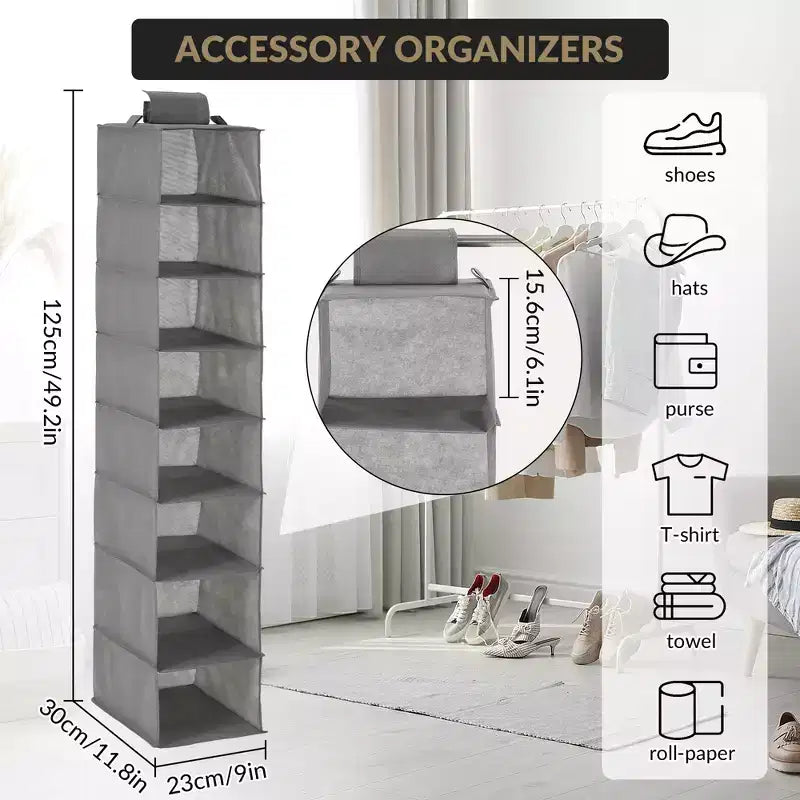 Organisateur de chaussures suspendu à 3 niveaux pour placard, support de rangement à 8 étagères avec 2 crochets, installation sans outils, étagère peu encombrante pour chaussures et sacs à main