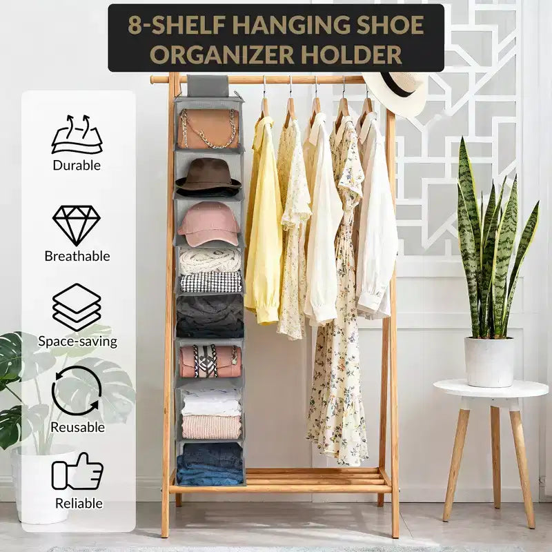 Organisateur de chaussures suspendu à 3 niveaux pour placard, support de rangement à 8 étagères avec 2 crochets, installation sans outils, étagère peu encombrante pour chaussures et sacs à main