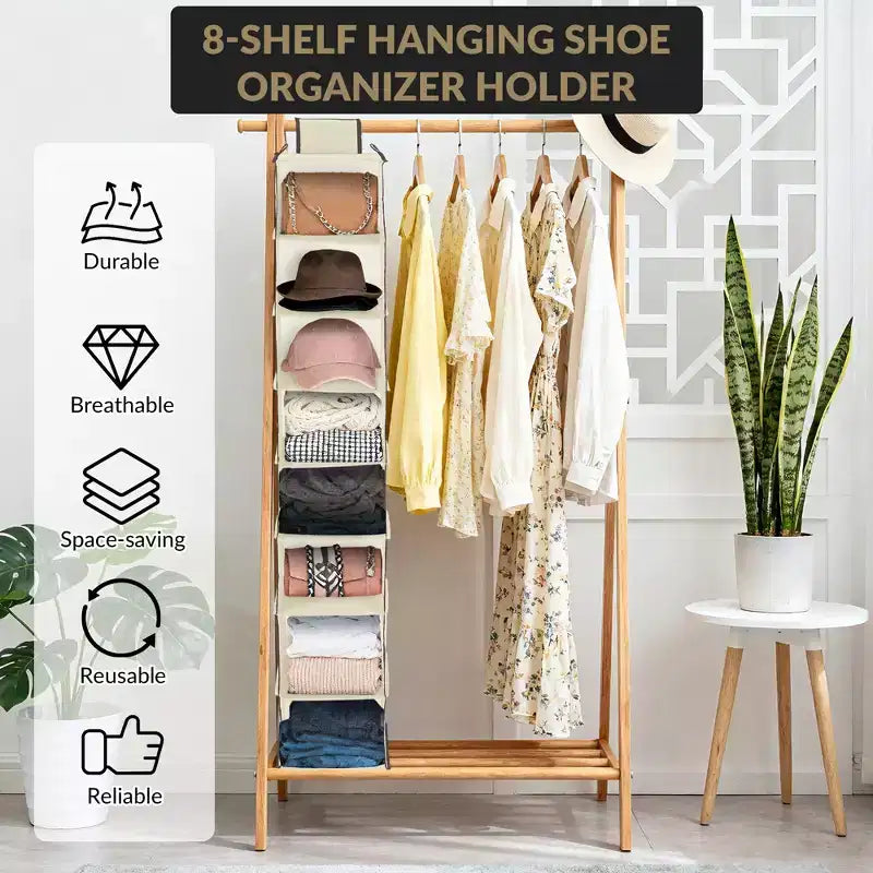 Organisateur de chaussures suspendu à 3 niveaux pour placard, support de rangement à 8 étagères avec 2 crochets, installation sans outils, étagère peu encombrante pour chaussures et sacs à main
