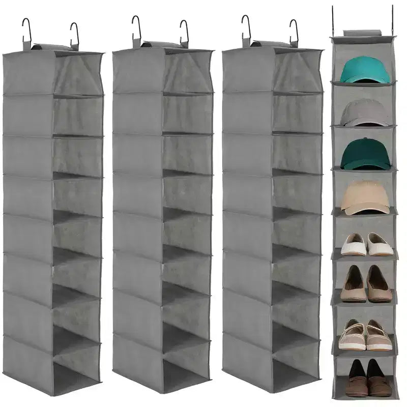 Organisateur de chaussures suspendu à 3 niveaux pour placard, support de rangement à 8 étagères avec 2 crochets, installation sans outils, étagère peu encombrante pour chaussures et sacs à main