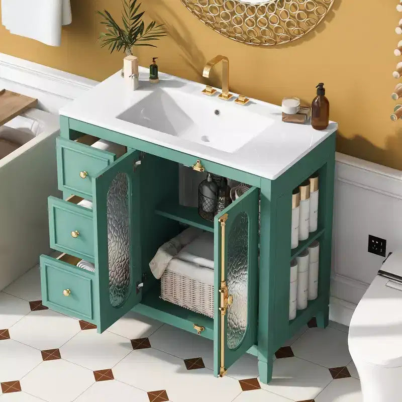 Meuble-lavabo de salle de bain avec vasque, meuble sous-vasque avec 2 portes à fermeture amortie et 3 tiroirs de rangement, meuble-lavabo en bois