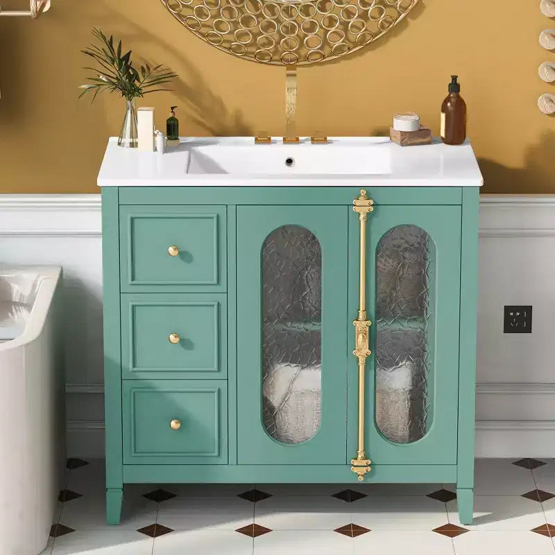 Meuble-lavabo de salle de bain avec vasque, meuble sous-vasque avec 2 portes à fermeture amortie et 3 tiroirs de rangement, meuble-lavabo en bois