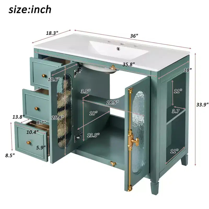 Meuble-lavabo de salle de bain avec vasque, meuble sous-vasque avec 2 portes à fermeture amortie et 3 tiroirs de rangement, meuble-lavabo en bois