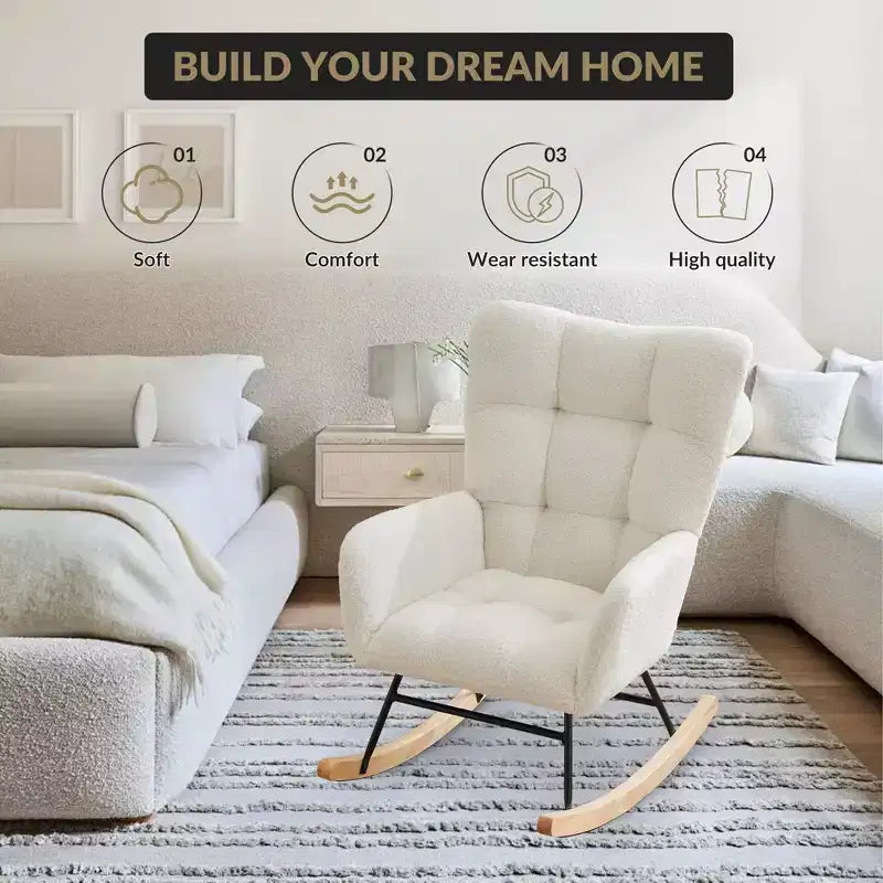Fauteuil à bascule pour chambre d'enfant, dossier haut, accoudoirs et poches latérales, fauteuil d'appoint moderne et confortable pour chambre à coucher, salon