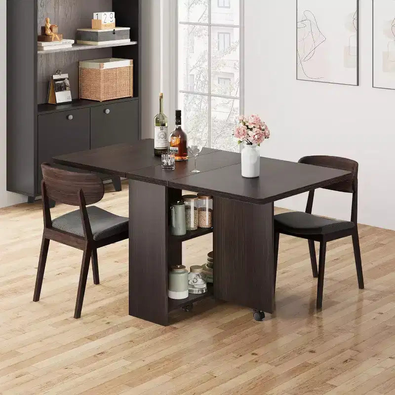 Table de salle à manger pliable, table de salle à manger de style rustique peu encombrante pour 4 personnes avec étagère de rangement, table de cuisine à abattants extensible polyvalente à 6 roulettes pour petits espaces