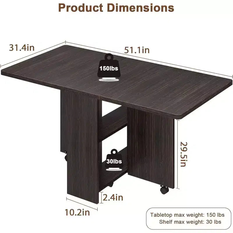 Table de salle à manger pliable, table de salle à manger de style rustique peu encombrante pour 4 personnes avec étagère de rangement, table de cuisine à abattants extensible polyvalente à 6 roulettes pour petits espaces