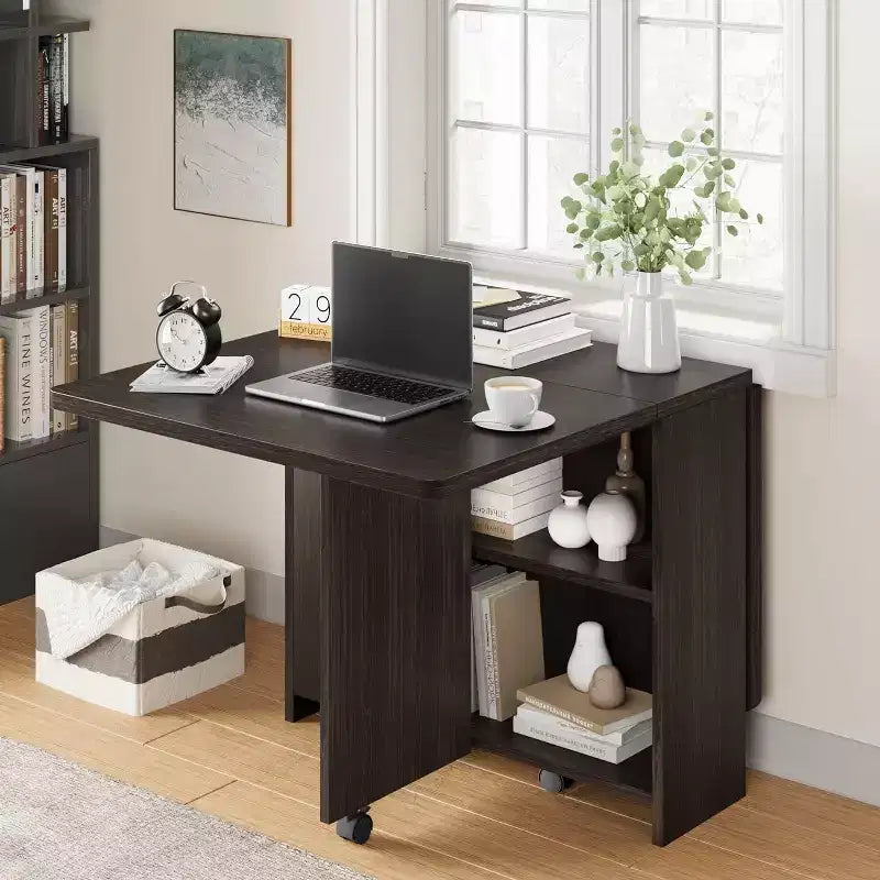 Table de salle à manger pliable, table de salle à manger de style rustique peu encombrante pour 4 personnes avec étagère de rangement, table de cuisine à abattants extensible polyvalente à 6 roulettes pour petits espaces