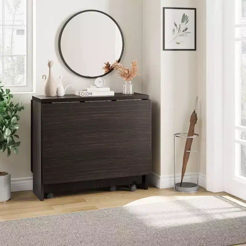 Table de salle à manger pliable, table de salle à manger de style rustique peu encombrante pour 4 personnes avec étagère de rangement, table de cuisine à abattants extensible polyvalente à 6 roulettes pour petits espaces