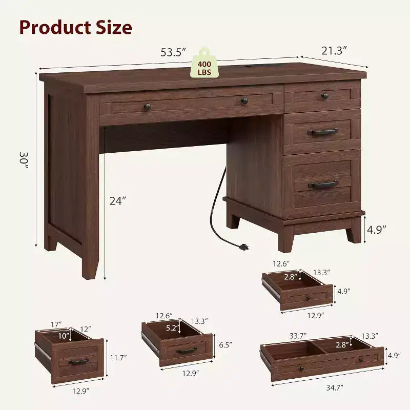 Bureau de direction avec tiroirs, bureau d'ordinateur de style rustique avec station de charge, bureau d'ordinateur en bois de 136 cm avec rangement pour dossiers