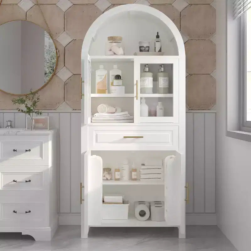 Meuble de Rangement de Cuisine sur Pied de 71 po avec Porte Vitrée, Style Ferme, Étagères Réglables, Design Porte de Grange, pour Cuisine, Salon, Salle à Manger