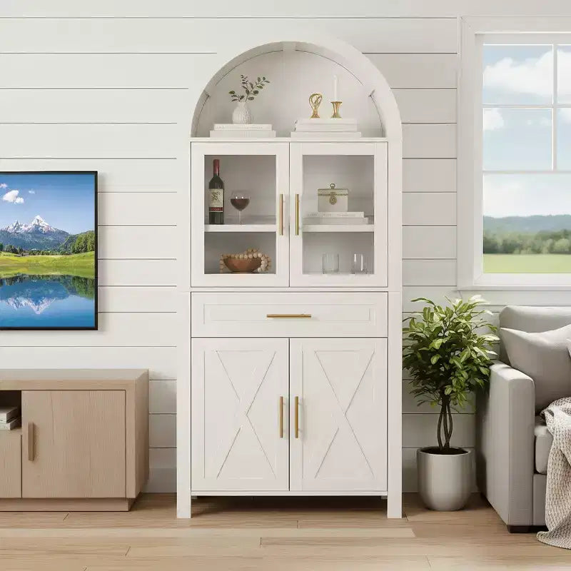 Meuble de Rangement de Cuisine sur Pied de 71 po avec Porte Vitrée, Style Ferme, Étagères Réglables, Design Porte de Grange, pour Cuisine, Salon, Salle à Manger