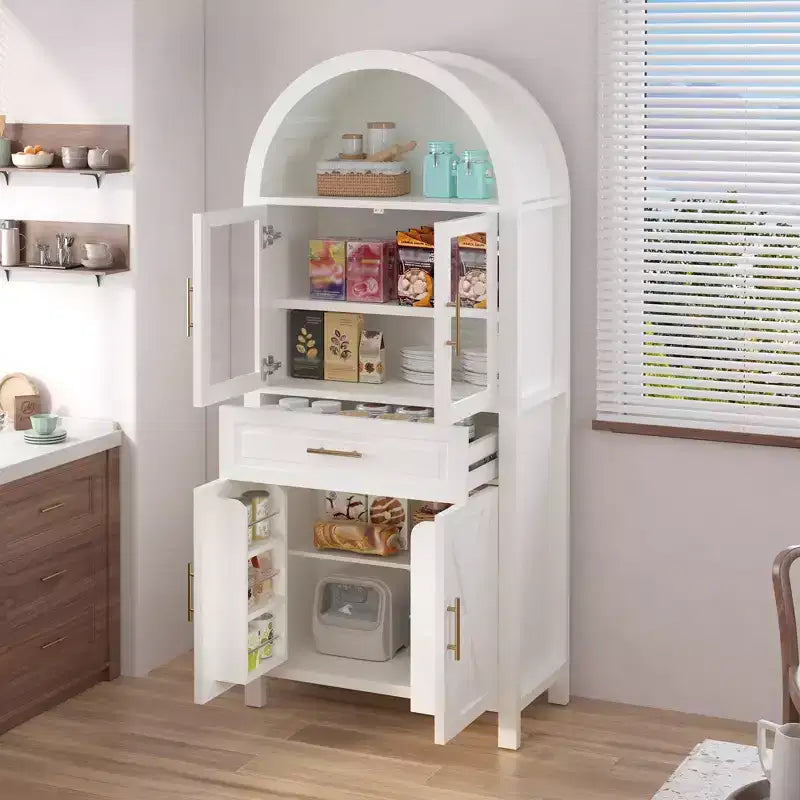 Meuble de Rangement de Cuisine sur Pied de 71 po avec Porte Vitrée, Style Ferme, Étagères Réglables, Design Porte de Grange, pour Cuisine, Salon, Salle à Manger