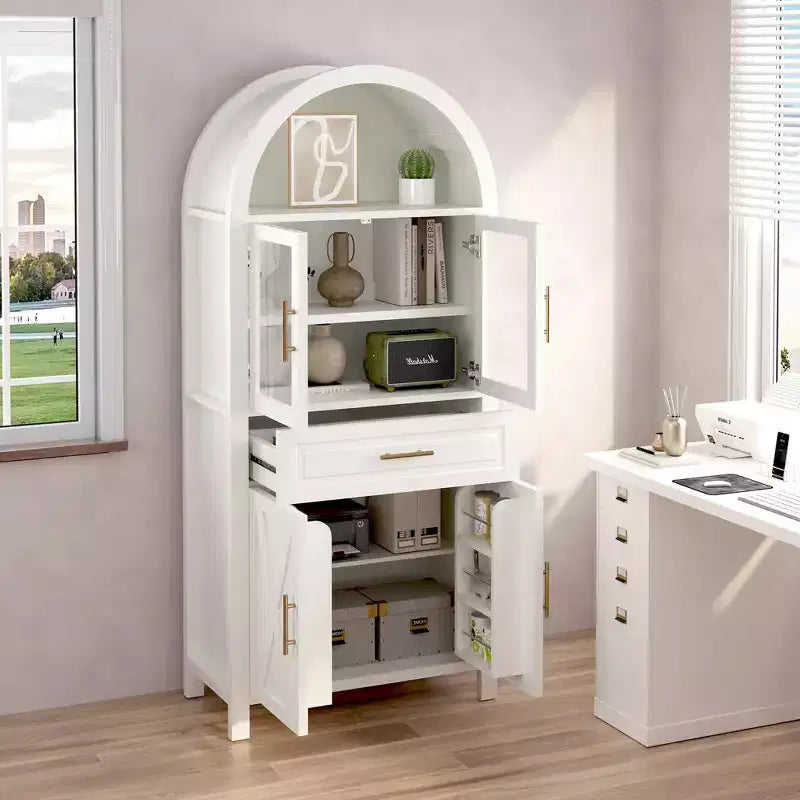 Meuble de Rangement de Cuisine sur Pied de 71 po avec Porte Vitrée, Style Ferme, Étagères Réglables, Design Porte de Grange, pour Cuisine, Salon, Salle à Manger