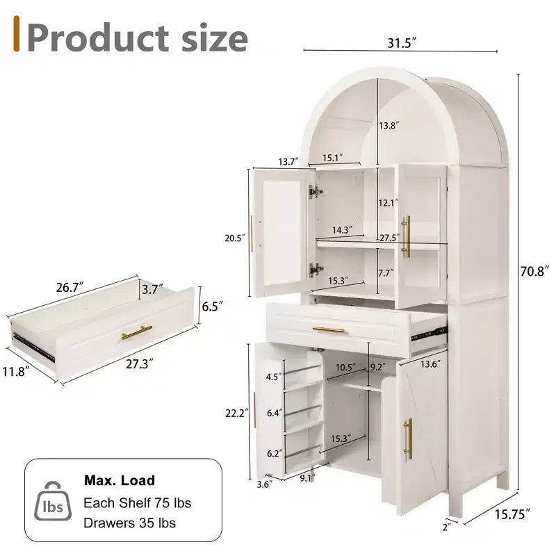 Meuble de Rangement de Cuisine sur Pied de 71 po avec Porte Vitrée, Style Ferme, Étagères Réglables, Design Porte de Grange, pour Cuisine, Salon, Salle à Manger