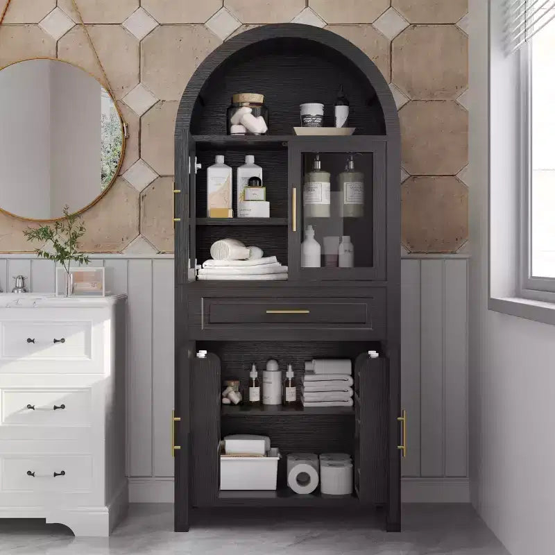 Meuble de Rangement de Cuisine sur Pied de 71 po avec Porte Vitrée, Style Ferme, Étagères Réglables, Design Porte de Grange, pour Cuisine, Salon, Salle à Manger